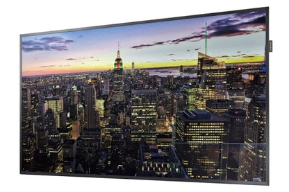 An industrial 49 inch Samsung QM49F multi-screen monitor displaying four synchronized 1080p security telemetry video feeds inside a corporate control center