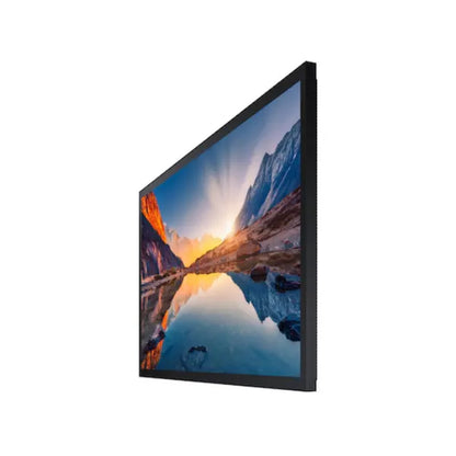 A sleek 43 inch Samsung QM43R-T touchscreen monitor mounted in portrait mode as an interactive self-service concierge directory kiosk inside a luxury corporate lobby