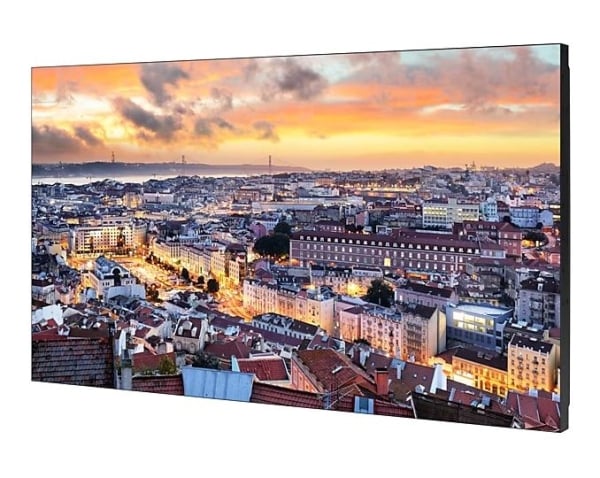Close up view showing the incredibly thin 1.74mm extreme narrow bezel panel intersection on a Samsung VH55B-E monitor