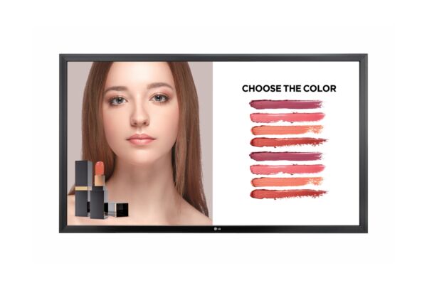 LG 43TA3E 43 inch Full HD Interactive Touch Display front view mounted on a wall running a self service digital catalog application in a corporate showroom