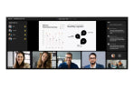A panoramic 105 inch Samsung QP105DX-5K display operating inside an executive meeting space running Microsoft Teams Rooms Front Row layout