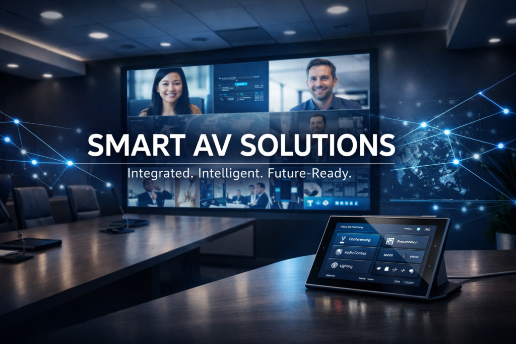 Smart AV Solutions for UAE offices featuring integrated video wall, conferencing system, and intelligent touch panel control in modern meeting room.