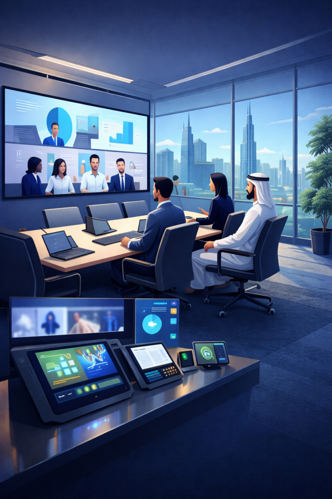 Modern UAE office conference room with integrated audio visual system, large video wall for hybrid meeting, AV control panel, and Dubai skyline view representing workplace productivity and collaboration.
