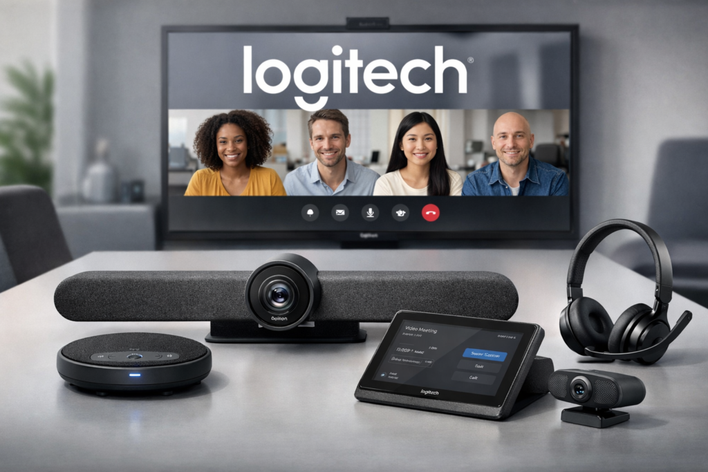 Logitech video conferencing equipment setup on a modern conference table, including Rally Bar, Rally Plus camera system, speakerphone, touch controller, webcams, and headset in a professional meeting room with a video call on screen.