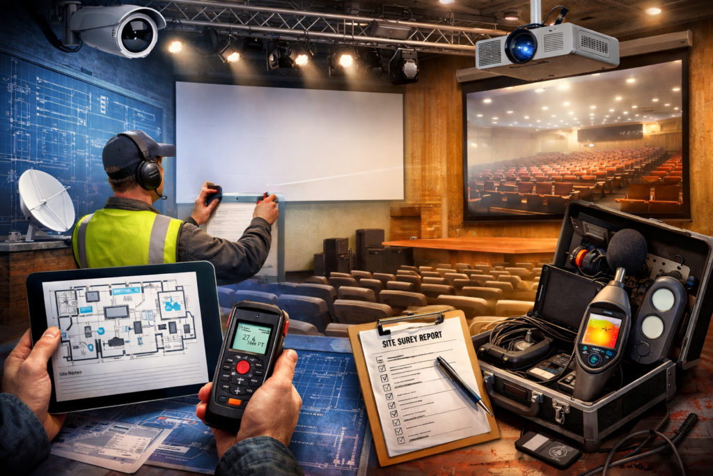 Audio visual technician performing AV site survey in auditorium using measurement tools, projector, speakers, and floor plan on tablet.