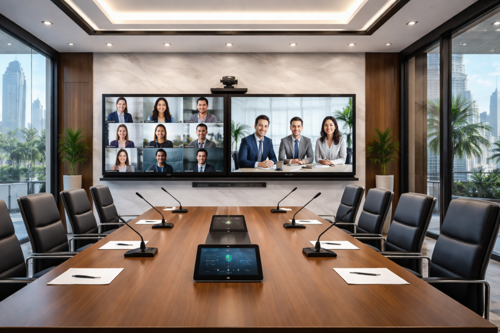 Advanced meeting room AV technology setup in a UAE corporate office featuring large displays, video conferencing system, microphones, and integrated audio visual solutions.